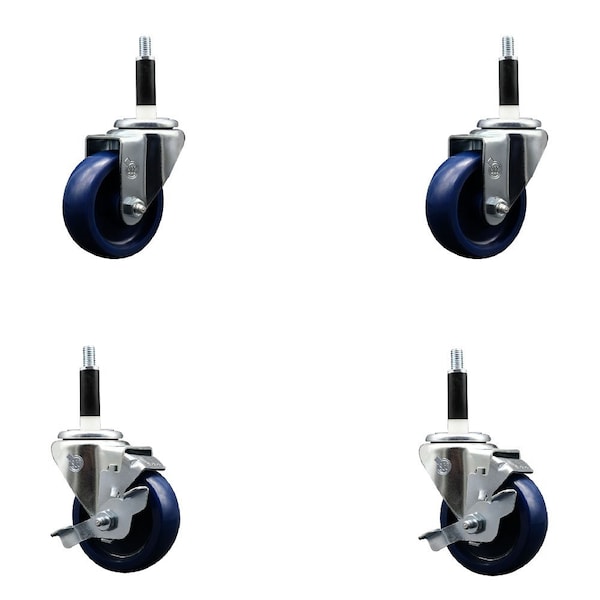3.5'' Solid Poly Wheel Swivel 7/8'' Expanding Stem Caster Set 2 Brakes, 4PK